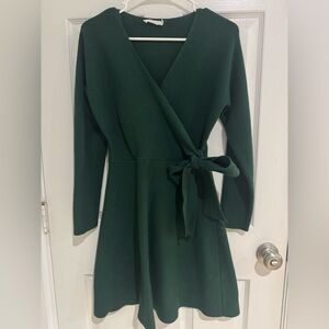 Green Faux Wrap Midi Sweater Dress